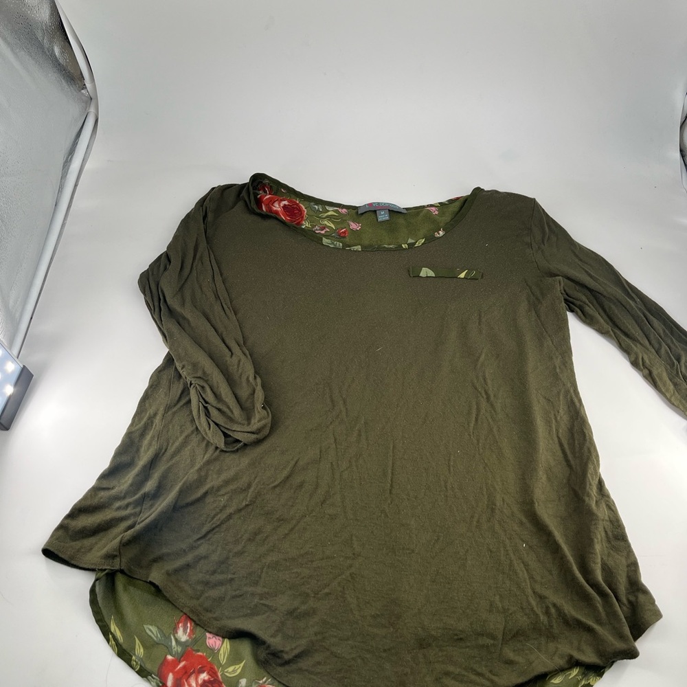 Delirious Olive Green Long Sleeve Top with Floral Detail